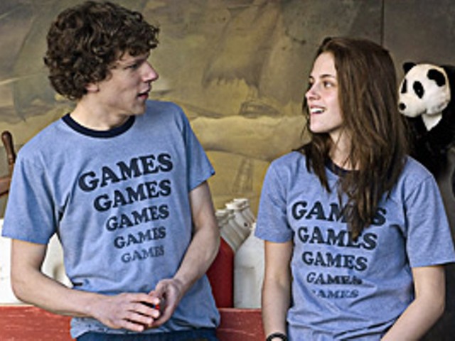Games guy James (Jesse Eisenberg) courts Games girl Em (Kristen Stewart).