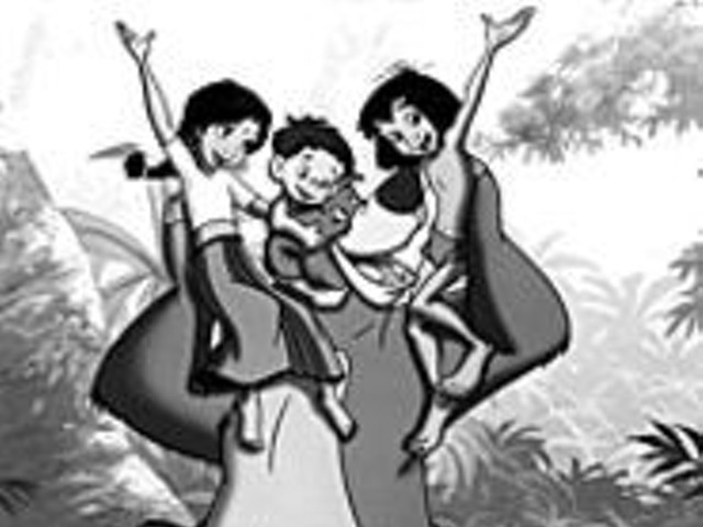 Shanti, Ranjan and Mowgli hop a ride on Baloo in The Jungle Book 2.
