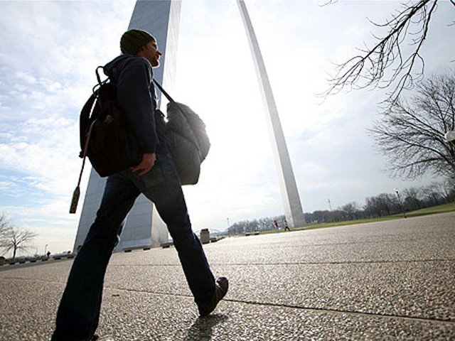 Performance artist and St. Louis native Jimmy Kuehnle walks toward the Gateway Arch to begin his inflatable suit performance at noon on Friday, December 18. Kuehnle's performance went through three other cities before making its final stop in St. Louis. See a slideshow of Kuehnle's journey in St. Louis.