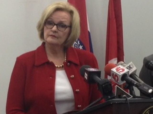 Claire McCaskill talking to reporters on Friday.