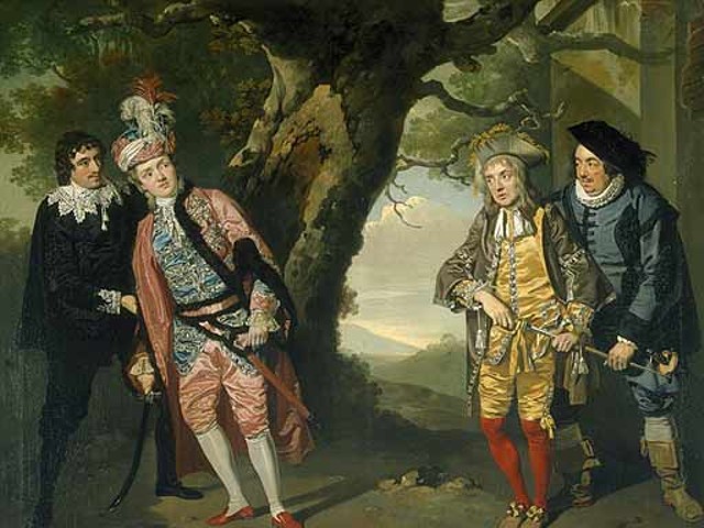 Take it away, Wikipedia: Fabian (far left) encourages Viola/Cesario (second left) to fight Sir Andrew Aguecheek (second right), encouraged by Sir Toby Belch (far right), because Viola is accused of wooing Olivia, whereas Andrew wishes to woo her instead.