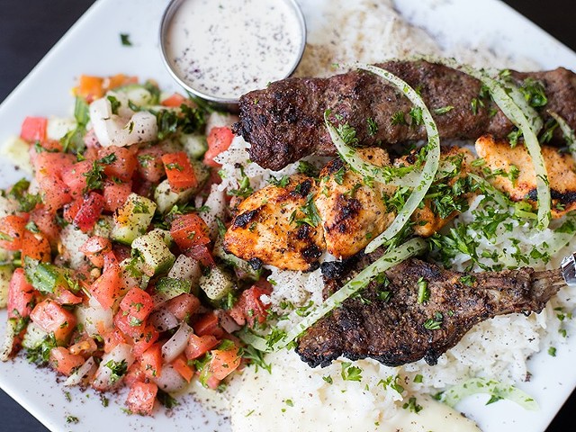 Levant mixed grill features shish tawuk, beef kebab and lamb chop.