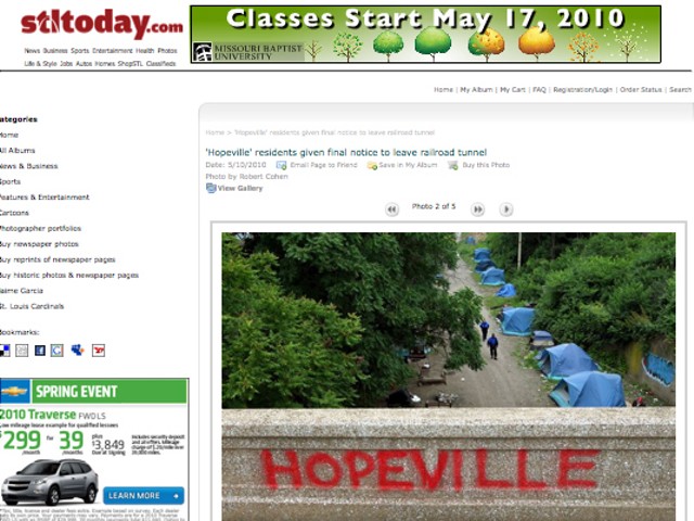 As seen on Stltoday.com, this image depicts "Hopeville," the Great Recession successor to the Depression's Hooverville, soon to be demolished.