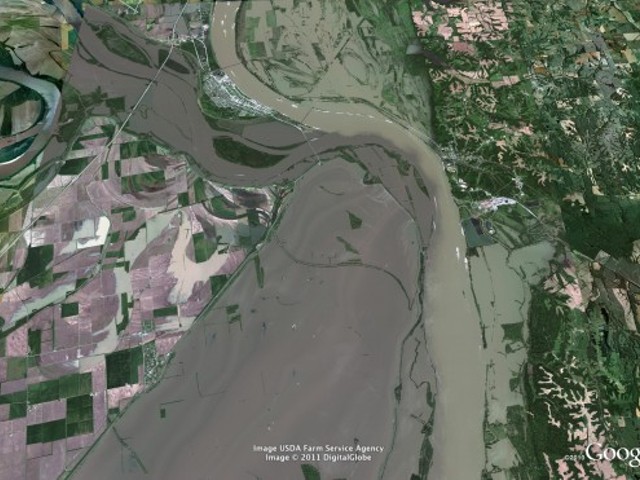 This recent aerial view shows both the Ohio River and the Mississippi River spilling over near Cairo, Illinois.