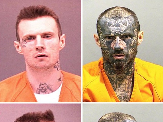Tattoo evolution: Campbell in a 2003 mugshot for a theft charge (left) and again last week.