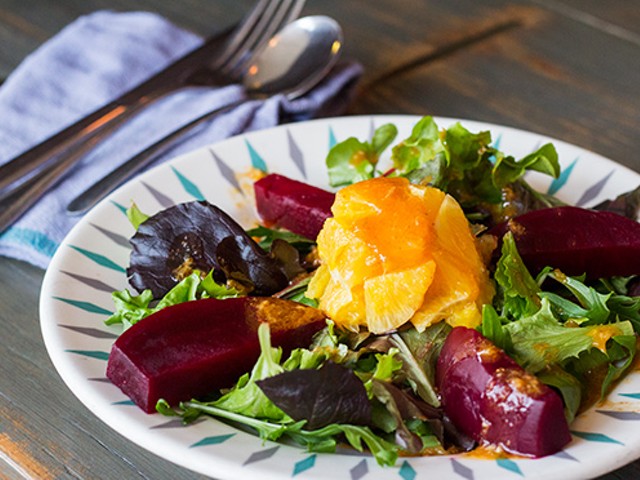 "Purple Beet and Orange Salad" with arugula and a North African vinaigrette seasoned with cumin, cinnamon, honey and lemon. | Photos by Mabel Suen