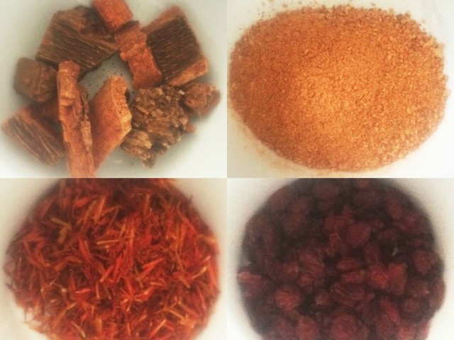 Our ingredients included (clockwise) cinchona bark (raw and then ground), barberries and saffron. | Patrick J. Hurley