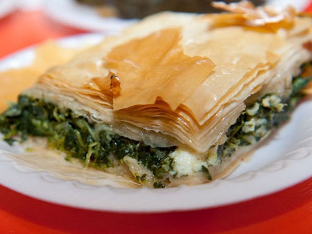 Spanakopita, spinach pie with chopped spinach and feta cheese layered in phyllo dough. | Jon Gitchoff