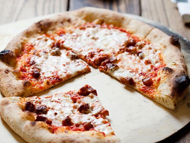"Roman" pizza at Pastaria, with tomato, garlic, bacon, mozzarella, pecorino and chiles. | Jennifer Silverberg