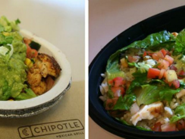 A chicken burrito bowl from Chipotle Mexican Grill (left) and a Cantina Bowl Chicken from Taco Bell (right).