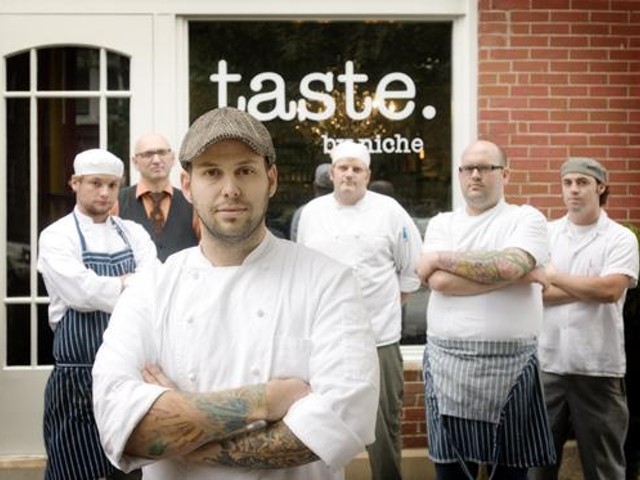 The crew, starting in front, going clockwise: Gerard Craft, chef de cuisine Adam Altnether, mixologist Ted Kilgore, cook Nick Blue, pastry chef Matthew Rice and sous chef James Peisker.