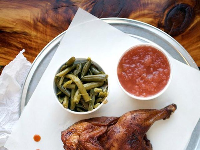 The smoked chicken, with green beans and applesauce, at PM BBQ