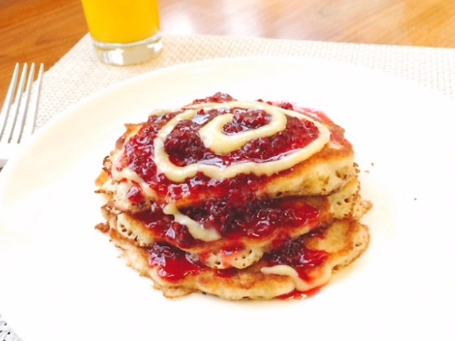 Buttermilk pancakes with raspberry sauce and lemon curd at Cafe Osage | David Kirkland