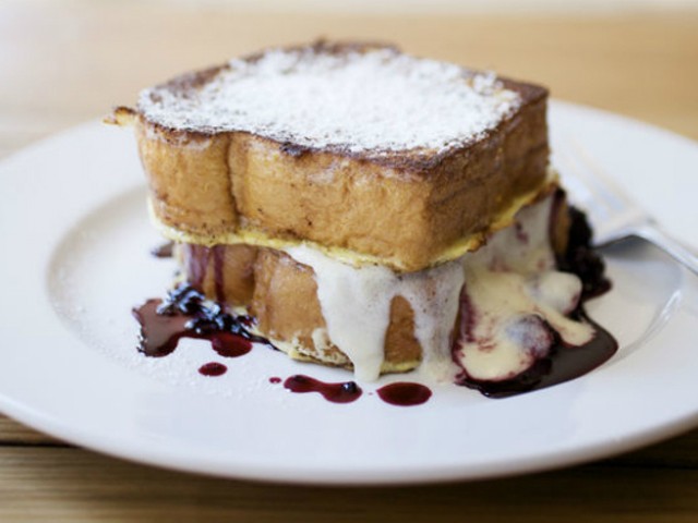 Blackberry French toast made with mascarpone and brioche at Half & Half.