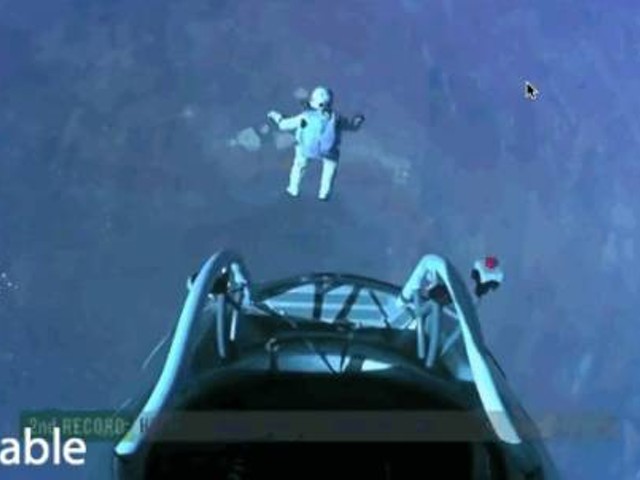 Felix Baumgartner jumps from his balloon capsule.