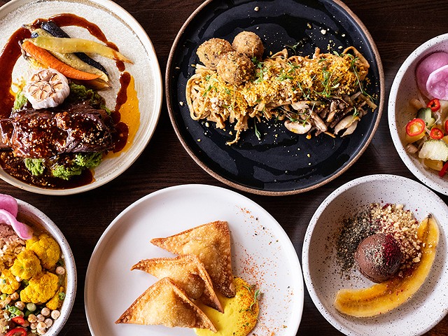 A selection of items from Akar, pictured from left to right, top to bottom: short ribs, Mama Lee's Noodles, chicken meatballs, coconut curry with chicken, lobster wontons and coconut chocolate fudge for dessert.