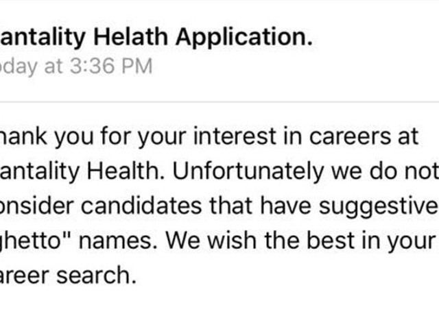 A rejection message sent to twenty black job applicants to Mantality Health in 2018.