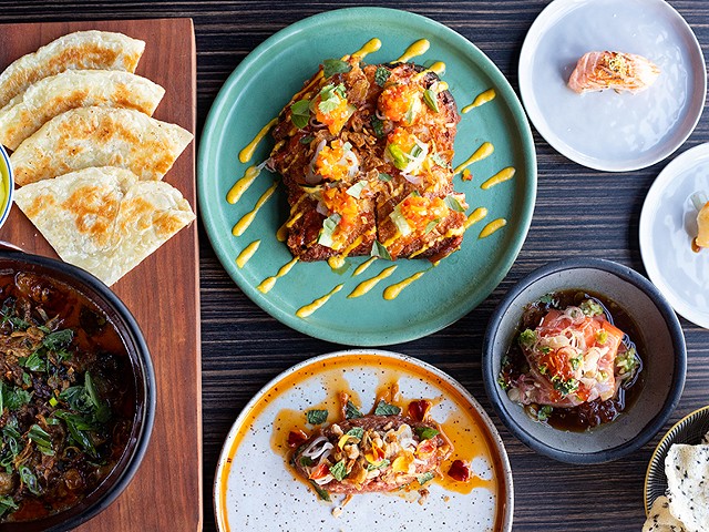 A selection of items from Indo, pictured from top to bottom, left to right: short rib curry, shrimp toast, benitoro, shima aji, laarb and salmon sashimi.