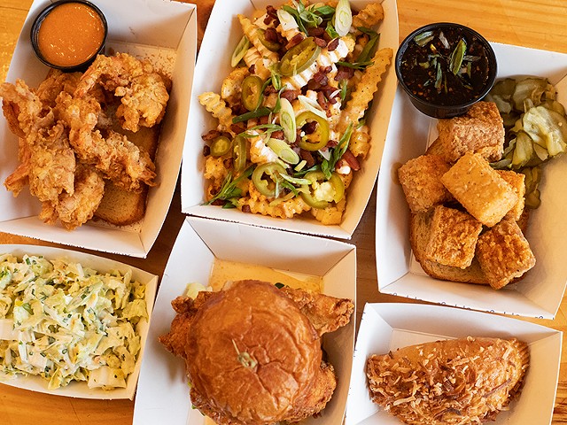 A selection of items from Grace Chicken + Fish, pictured from left to right and top to bottom: shrimp, garlic loaded fries, tofu, creamy slaw, chicken sandwich and a hand pie.