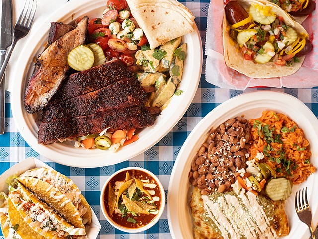 A selection of items from Original J's: a two-meat combo platter, Texas-style hot links, Mom Taco, brisket chili and chicken enchiladas.