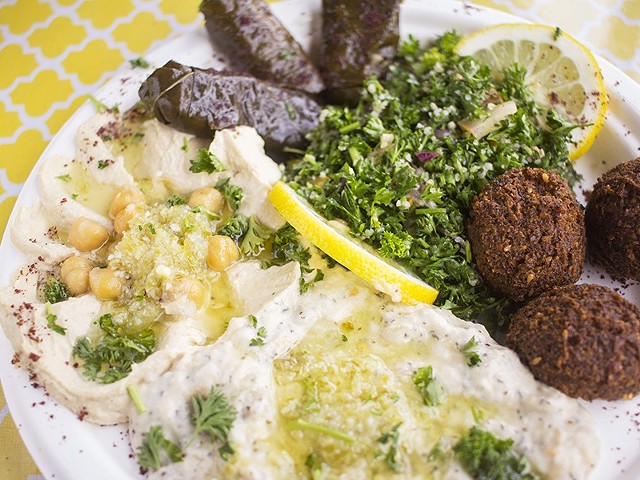 The vegetarian platter at Shawarma King features hummus, baba ganoush, falafel and tabbouleh.