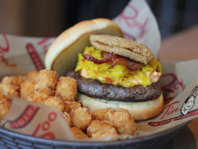 "The Southern" burger comes topped with a fried green tomato, chow-chow, pimento cheese and bacon.