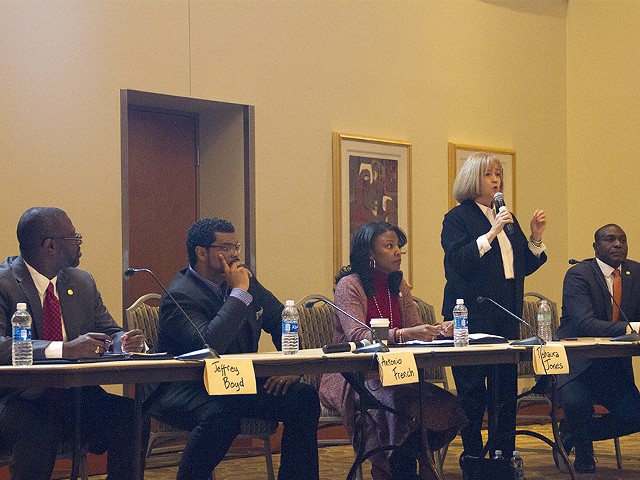 Lyda Krewson speaks during a mayoral candidate forum.
