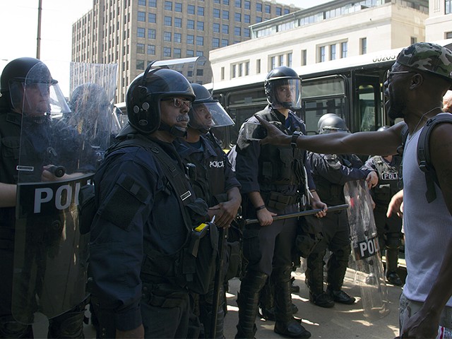 Police hold the line in downtown St. Louis.