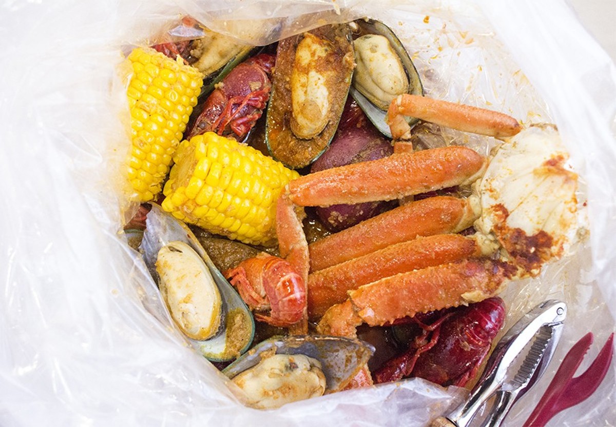 Combos come with corn, potatoes and sausage. Here, the "Angry Combo" also includes snow crab legs, mussels and crawfish.
