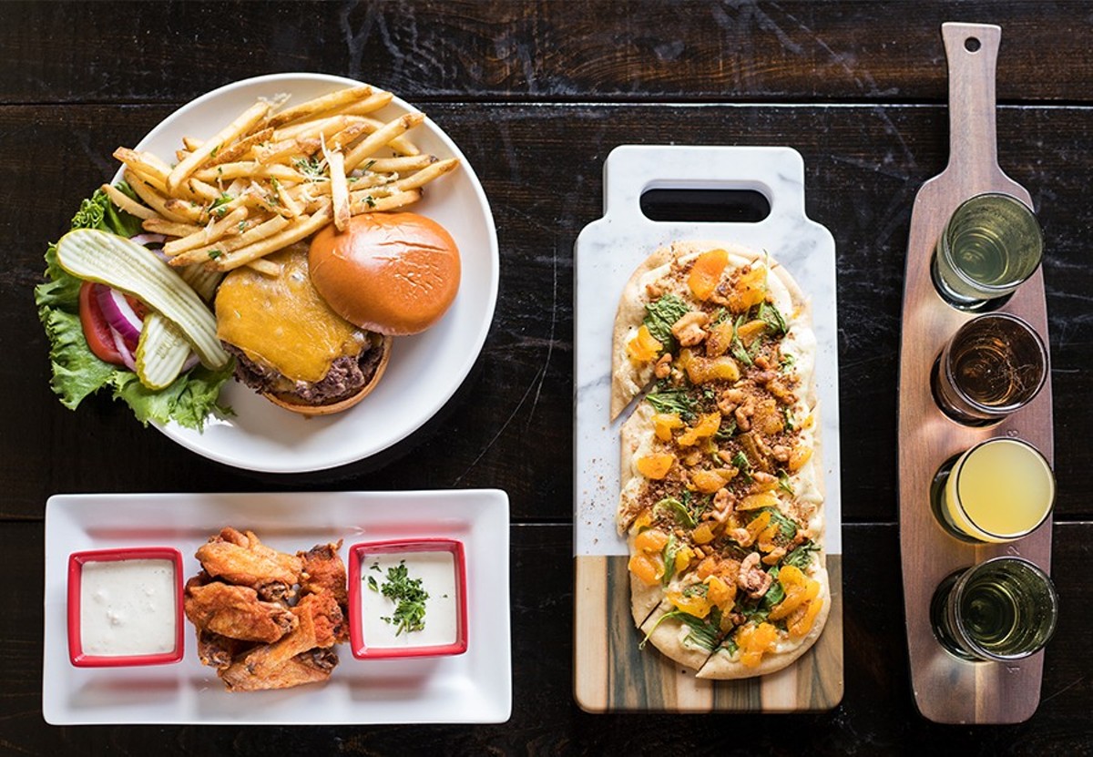 You can pair your flight of cider with the house burger, cider-brined wings or the "Damascus Flatbread."