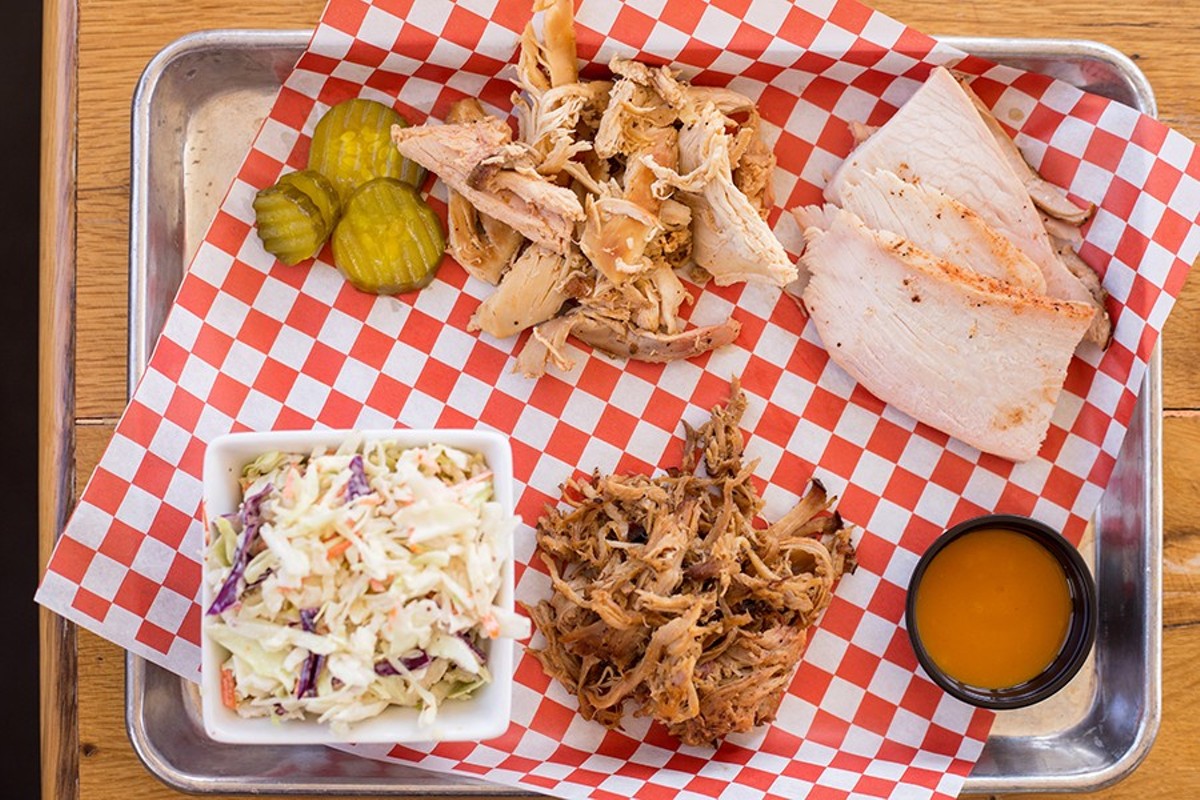 The "Taste of the Pit trio" features pulled chicken, turkey breast, pulled pork and creamy slaw.