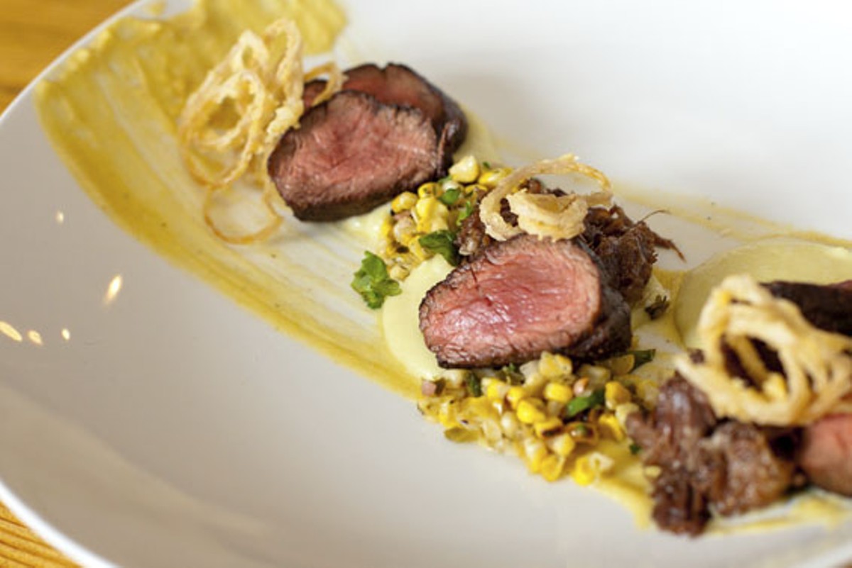 Dos Carnes: Seared hanger steak, braised beef cheek, corn, shallots and potatoes.