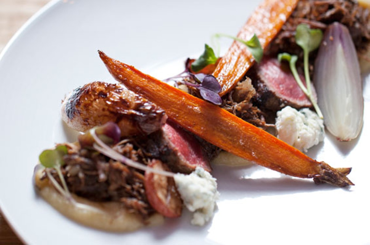Course three &mdash; "Cow" &mdash;; is beef prepared two ways with parsnip miso, root veggies, pearl onions and Maytag blue cheese. See more photos from Little Country Gentleman.