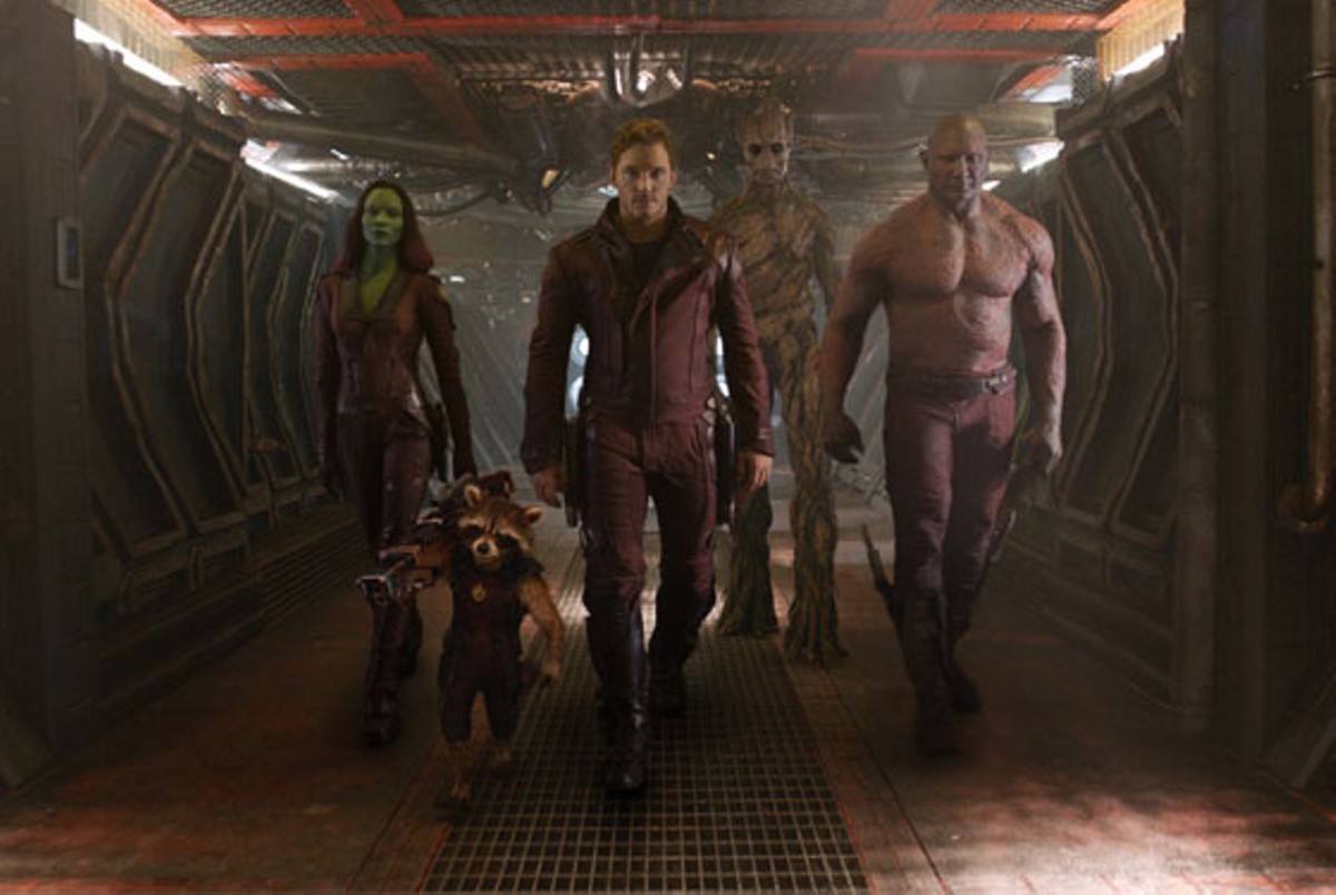 Vin Diesel, Bradley Cooper, Chris Pratt, Zoe Saldana and Dave Bautista in Guardians of the Galaxy.