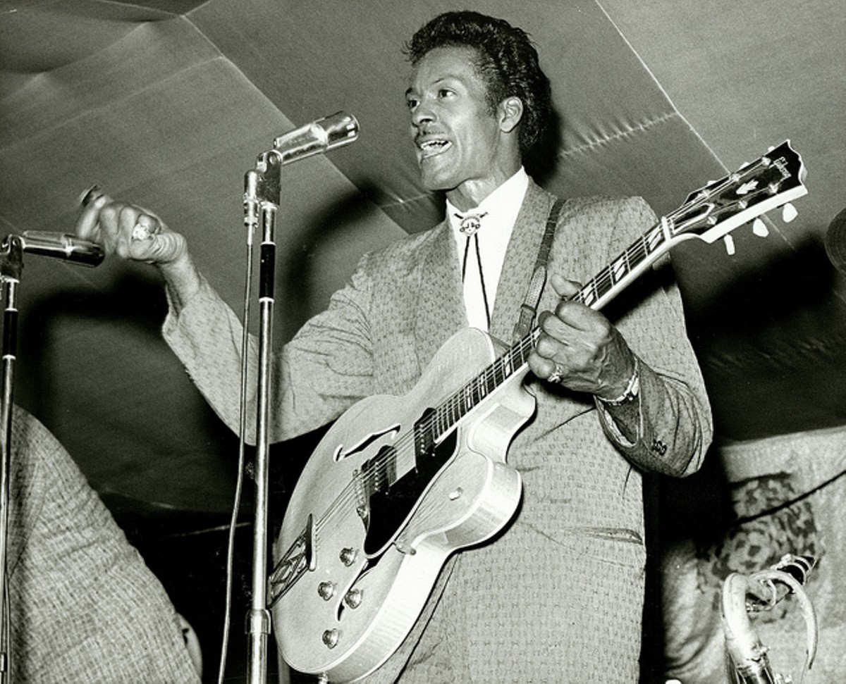 Chuck Berry performing during "Chuck Berry's Bandstand." Photograph by Irving Williamson, 1965.