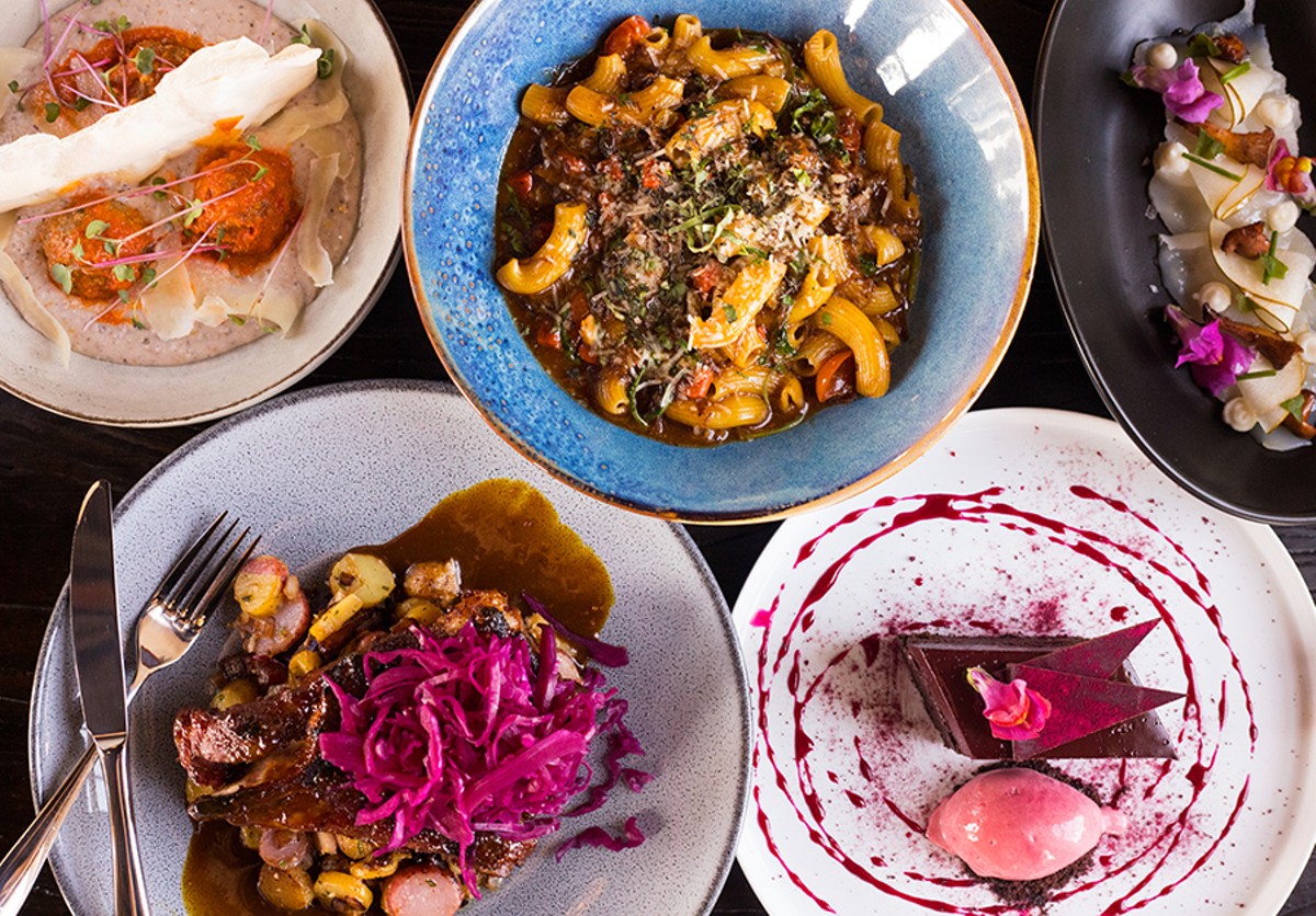 A collection of dishes from The Bellwether (from left to right and top to bottom): lamb meatballs, short rib ragout, scallop carpaccio, pork steak and chocolate-beet cake.