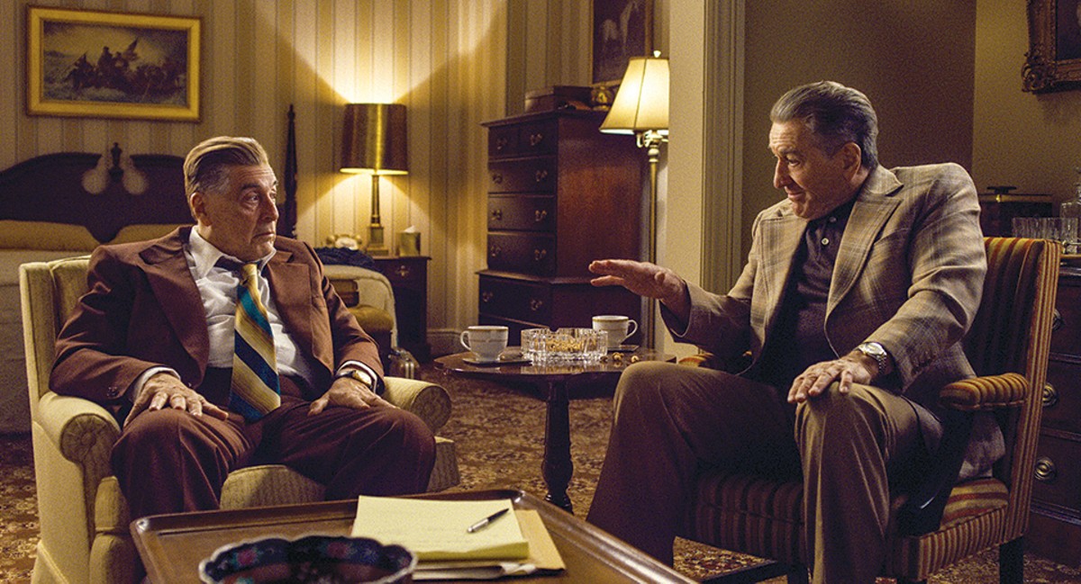 Jimmy Hoffa (Al Pacino) and Frank Sheeran (Robert De Niro) debate Hoffa’s next move.