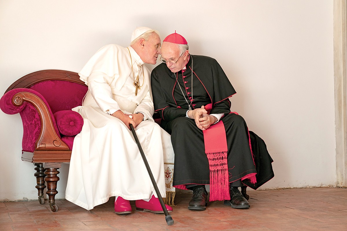 Pope Benedict and Pope Francis (Anthony Hopkins and Jonathan Pryce) are shown to very human men.