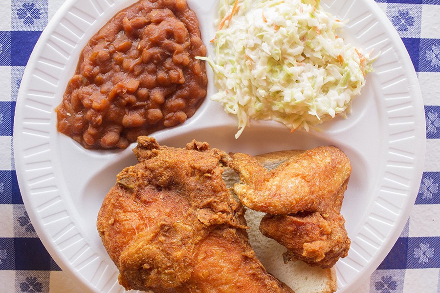 Gus's chicken with baked beans and slaw.