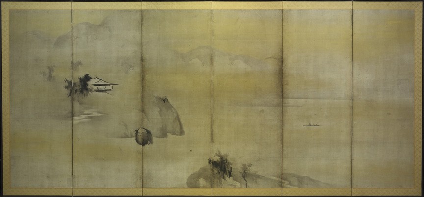 Kaihô Yûshô, Japanese, 1533–1615; Landscape, c.1602; Momoyama period (1573–1615); six-panel folding screen: ink and gold on paper; overall: 69 1/4 in. x 12 ft. 4 1/2 inches; Saint Louis Art Museum, Friends Fund 59:1962.1,.2