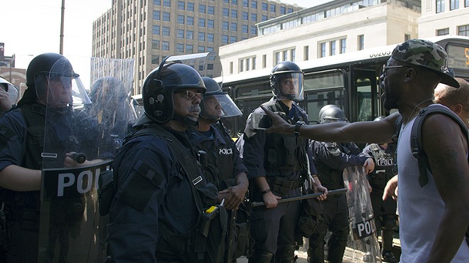 Police hold the line in downtown St. Louis.