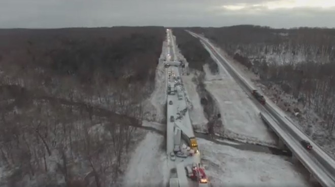 A drone-captured view of multiple vehicle crashes on I-44 near Marshfield.
