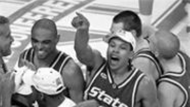 Michigan State guard Shannon Brown (pointing) and 
    his teammates celebrate their win over Kentucky to 
    advance to the Final Four. Our "expert" predicts more 
    Spartan partyin'.
