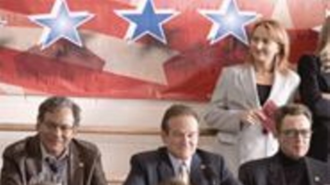 (left to right) Lewis Black, Robin Williams and Christopher 
    Walken in a political comedy that's less wag, more dog.