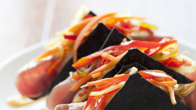 EdgeWild's "Thai Tuna Tacos" bring seared ahi tuna, spiced Thai vegetables and red curry aioli in crisp blue-corn tortillas.