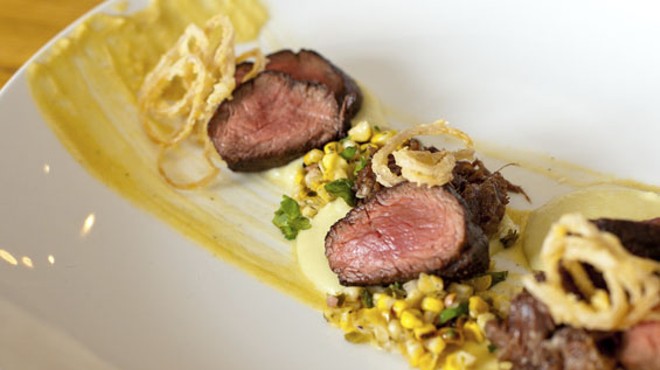 Dos Carnes: Seared hanger steak, braised beef cheek, corn, shallots and potatoes.
