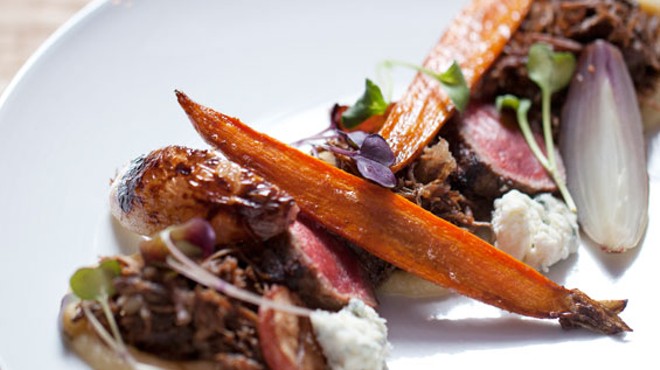 Course three &mdash; "Cow" &mdash;; is beef prepared two ways with parsnip miso, root veggies, pearl onions and Maytag blue cheese. See more photos from Little Country Gentleman.