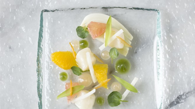 The minimalist bay scallop crudo from Elaia's tasting menu. Slideshow: Photos from Inside Elaia and Olio