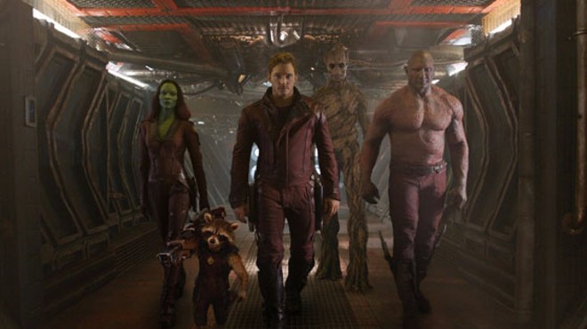 Vin Diesel, Bradley Cooper, Chris Pratt, Zoe Saldana and Dave Bautista in Guardians of the Galaxy.