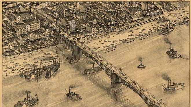 The Eads Bridge, as recorded in the equivalent of the 1875 version of Google Maps.